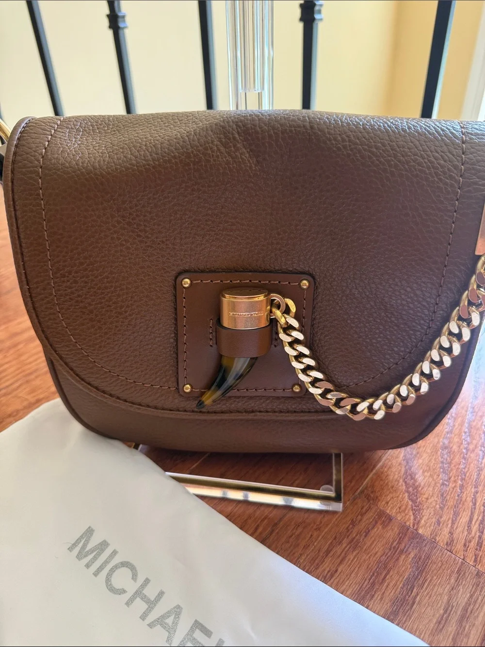 Michael Kors James Brown Pebbled Leather Crossbody with Gold Chain Accent new!